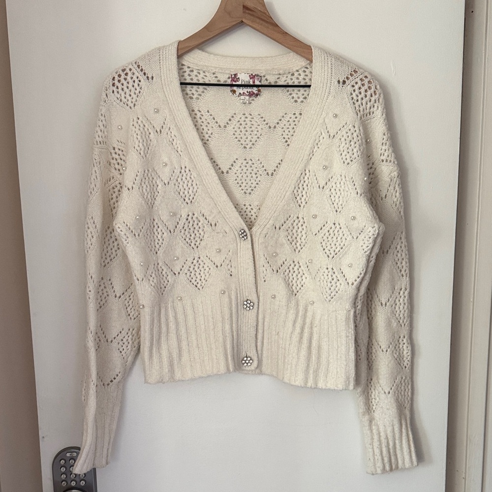 Cream V-Neck Openwork Cardigan Sweater with Pearl Embellishment